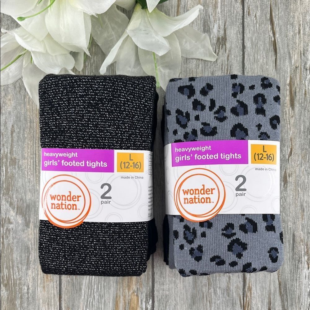 Girls Lurex & Leopard Tights Socks 2, 2-Packs Sizes L